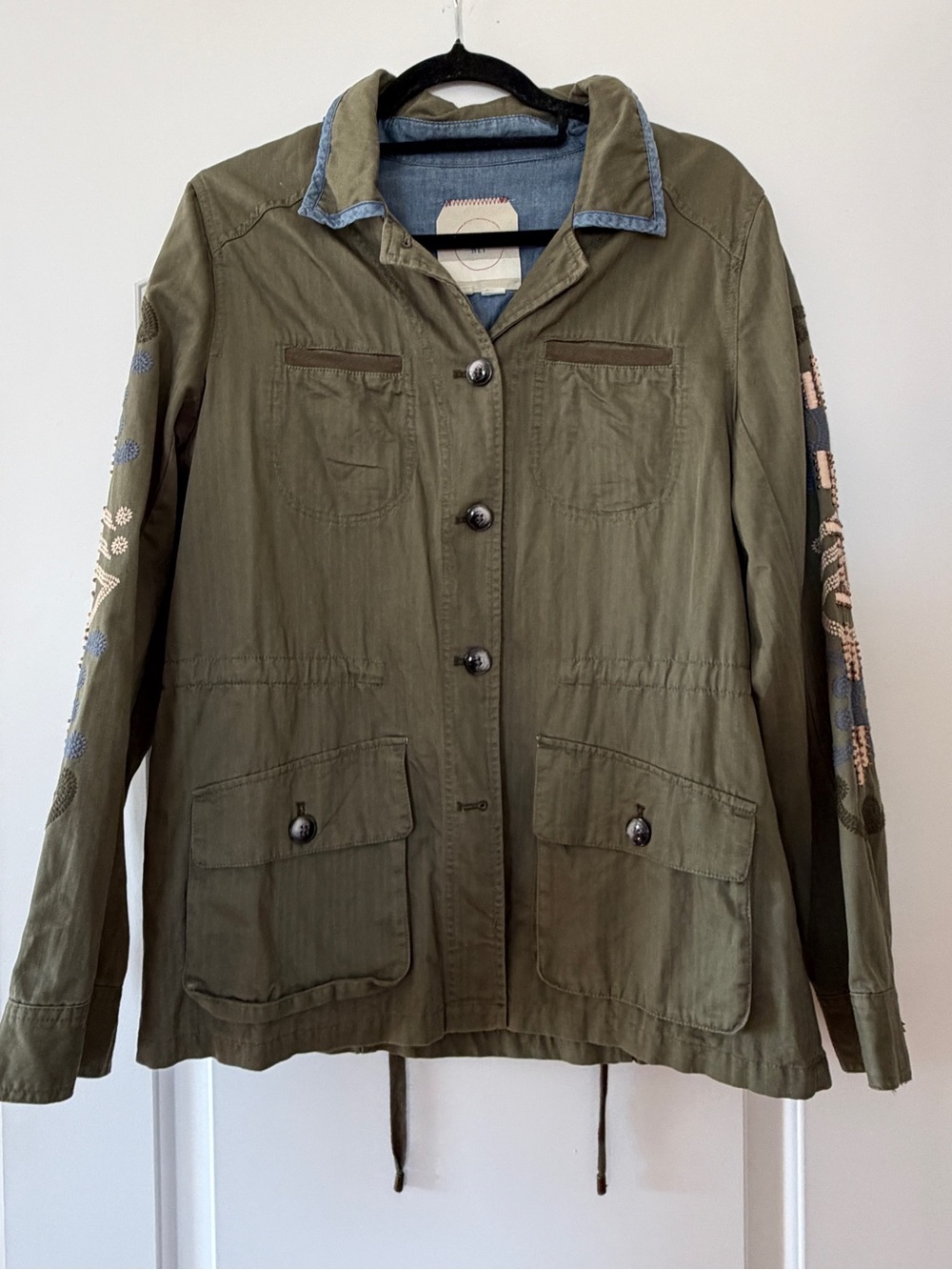 Anthropologie Hei Hei Embroidered Sleeve Utility Jacket - Olive